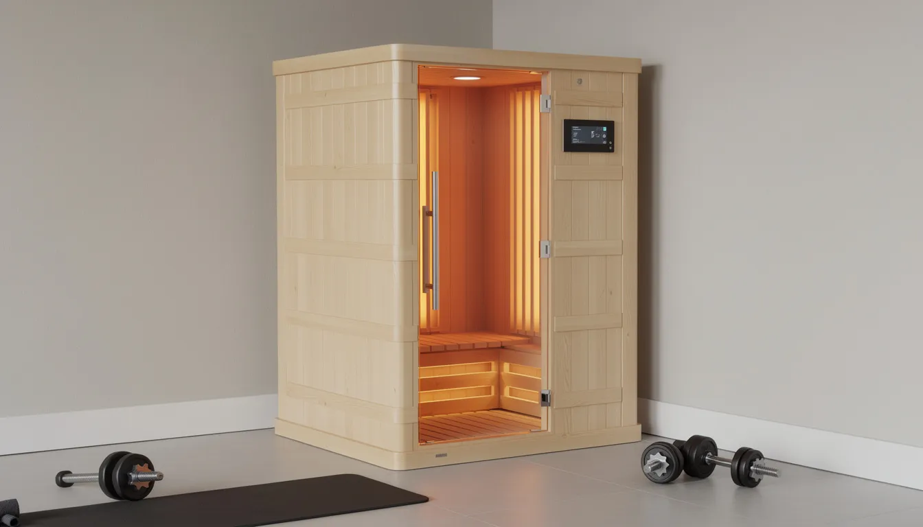 A two-person full-spectrum infrared sauna is set in a home gym corner, featuring a natural wood grain finish, soft amber lighting, and a sleek minimalist control panel. This wooden sauna utilizes infrared technology for heat therapy, promoting relaxation and various health benefits.