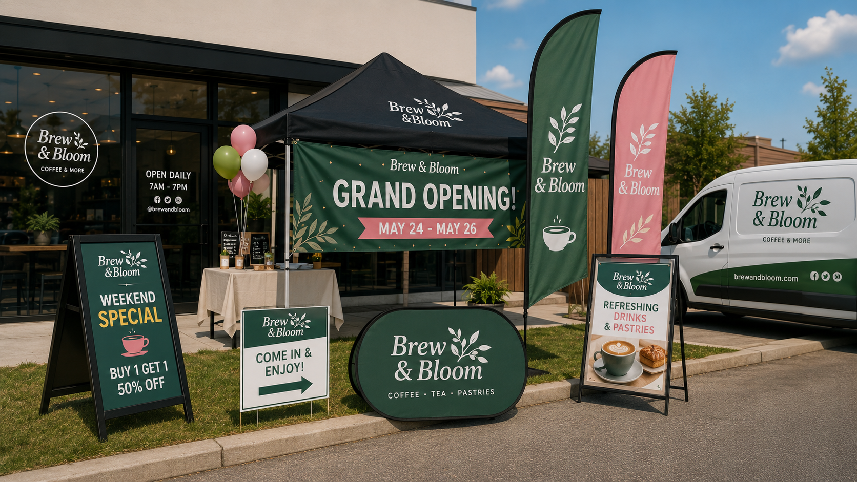 Custom business signs for cafe grand opening with banners flags and A-frame displays