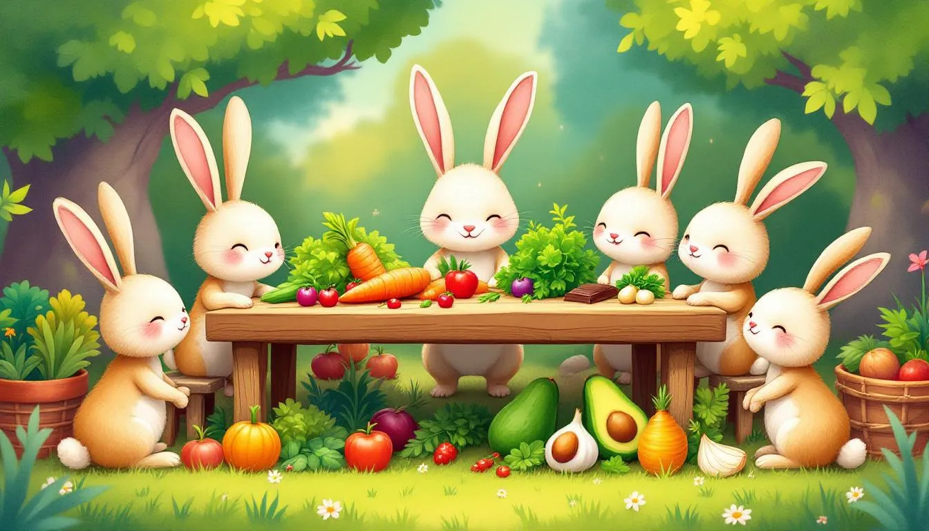 A selection of healthy treats and foods to avoid for rabbits.