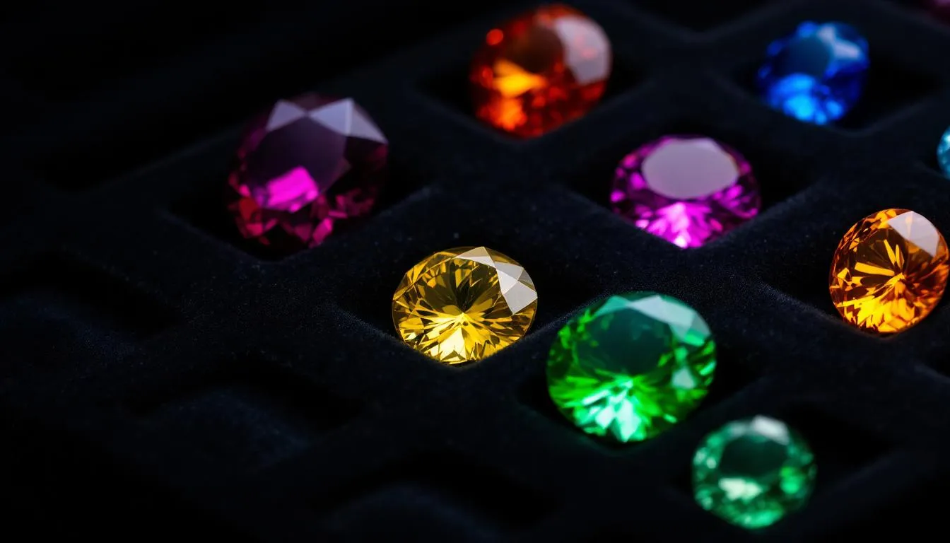 The image showcases a stunning collection of vibrant gemstones including amethyst, garnet, sapphire, and more, set in beautifully designed sterling silver rings. Each ring features a bold statement style, perfect for stacking or wearing individually, highlighting the exquisite colors and brilliance of the stones.