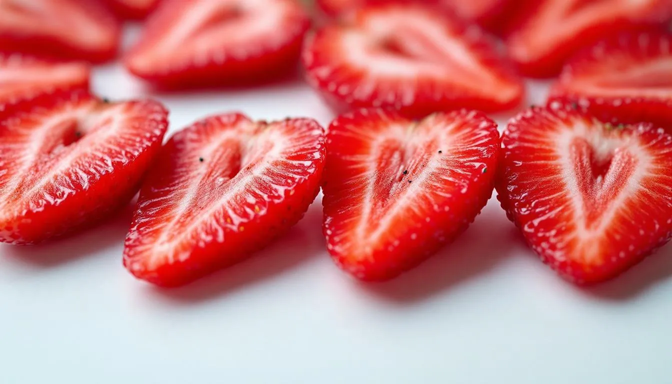 A close-up image of sliced strawberries reveals their bright red, juicy interior, showcasing their nutritious qualities. These berries can be a safe and healthy treat for dogs when fed in small quantities, providing several health benefits such as vitamin C and immune system boosting vitamins.