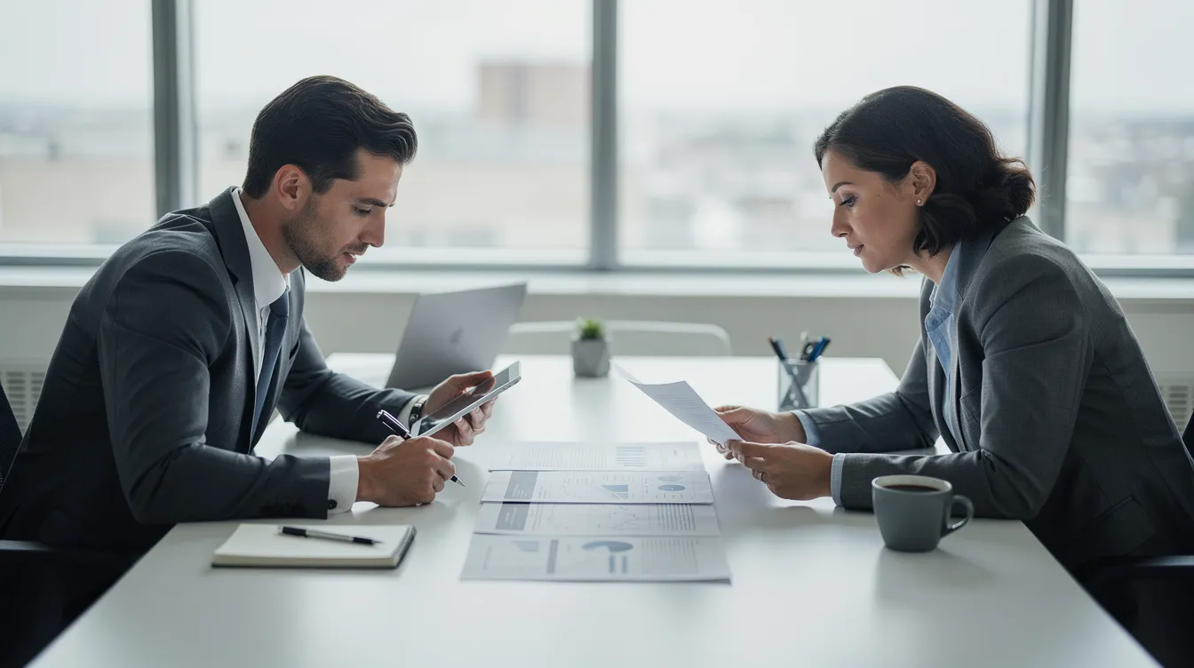 A professional advisor and a client are seated at a desk, intently reviewing documents related to retirement accounts, with a focus on precious metals IRA options. The setting suggests a consultation aimed at enhancing the client's retirement strategy through investments in physical gold and silver products.