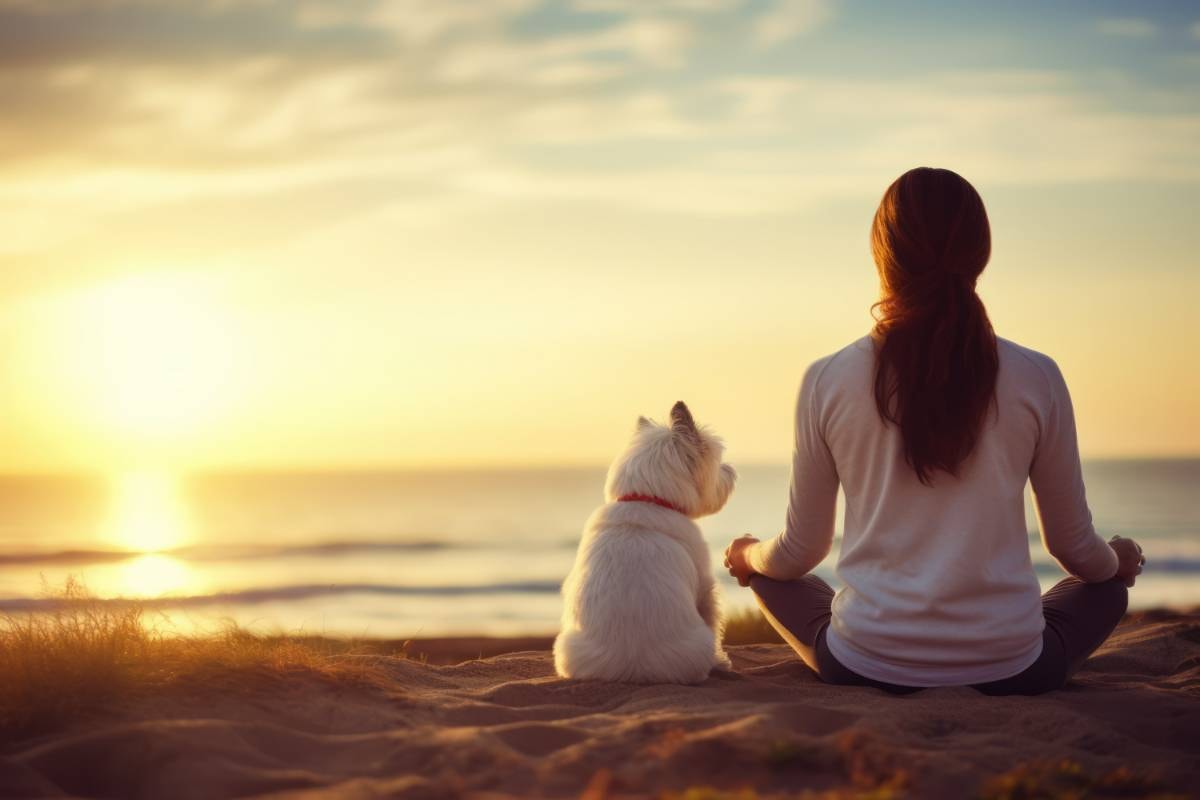 A woman and her small white dog sit on the beach at sunset, meditating together, capturing How to Use Meditation for Dogs in a tranquil coastal scene