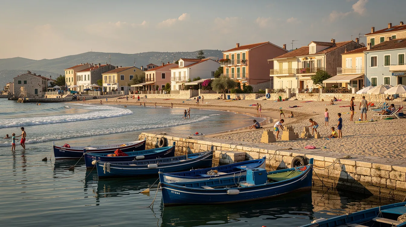 The image depicts a vibrant coastal town featuring blue fishing boats docked in a bustling harbor, with families enjoying a sunny day on the sandy beach nearby. This scene captures the essence of a family vacation, perfect for those exploring Morocco's beautiful destinations.