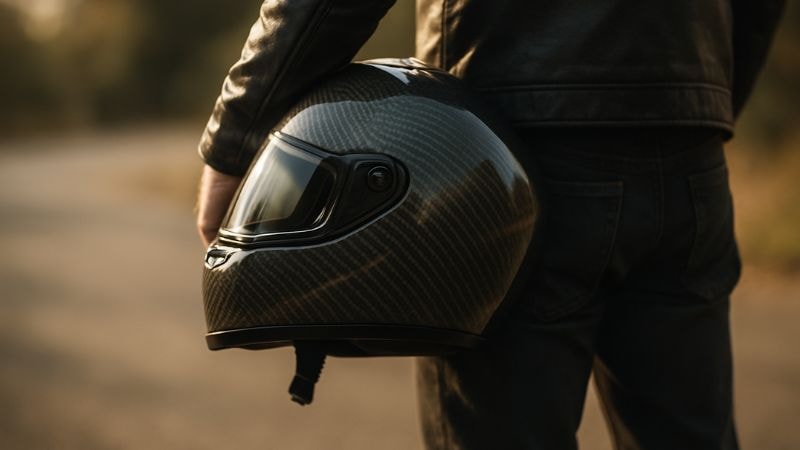 a motocyclist carrying carbon fiber wrapped helmet
