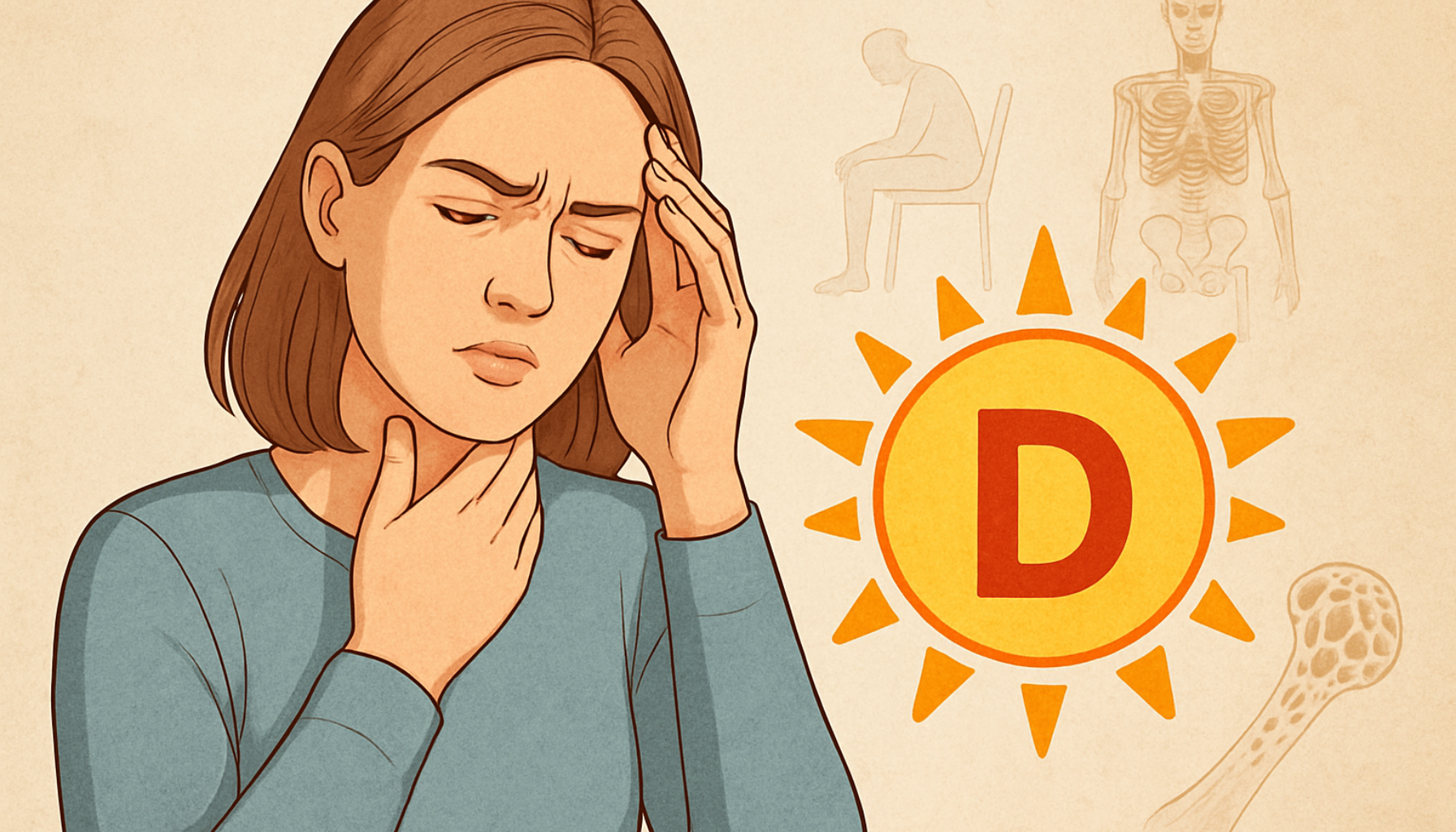 Mangel på Vitamin D: Overraskende Effekt På Tennene Dine 13 Illustrasjon av kvinne med tretthet og hodepine, omgitt av symboler for vitamin D-mangel og skjeletthelse.