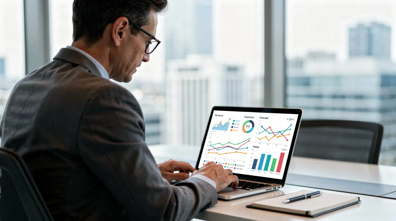 A professional financial advisor is seated in a modern office, intently reviewing analytics data on a laptop, which highlights insights relevant to financial services clients. This scene reflects the importance of data-driven decision-making in the financial services sector, emphasizing the role of financial professionals in guiding clients through complex financial concepts.