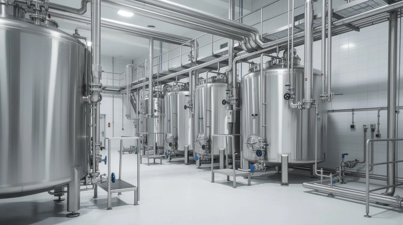 The image depicts a modern dairy processing facility featuring large industrial stainless steel tanks and extensive piping systems, essential for the efficient processing of raw milk into various dairy products. This setup is crucial for meeting the rising global demand in the lactose market, ensuring consistent production quality and adherence to environmental regulations.