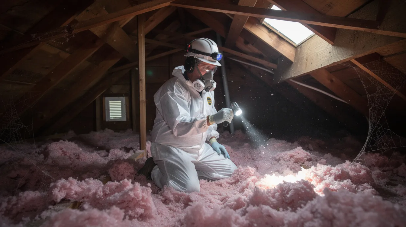 An experienced wildlife technician in protective gear conducts a thorough inspection of a residential attic with a flashlight, looking for signs of bat activity such as droppings and potential entry points. This inspection is crucial for addressing any bat infestation and ensuring humane removal practices to prevent future wildlife intrusions.