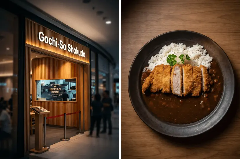 A two-part image displaying the wooden slatted storefront of Gochi-So Shokudo, which advertises Iberian pork, alongside a rustic black plate filled with Japanese curry, white rice, and a thick, perfectly sliced pork katsu.