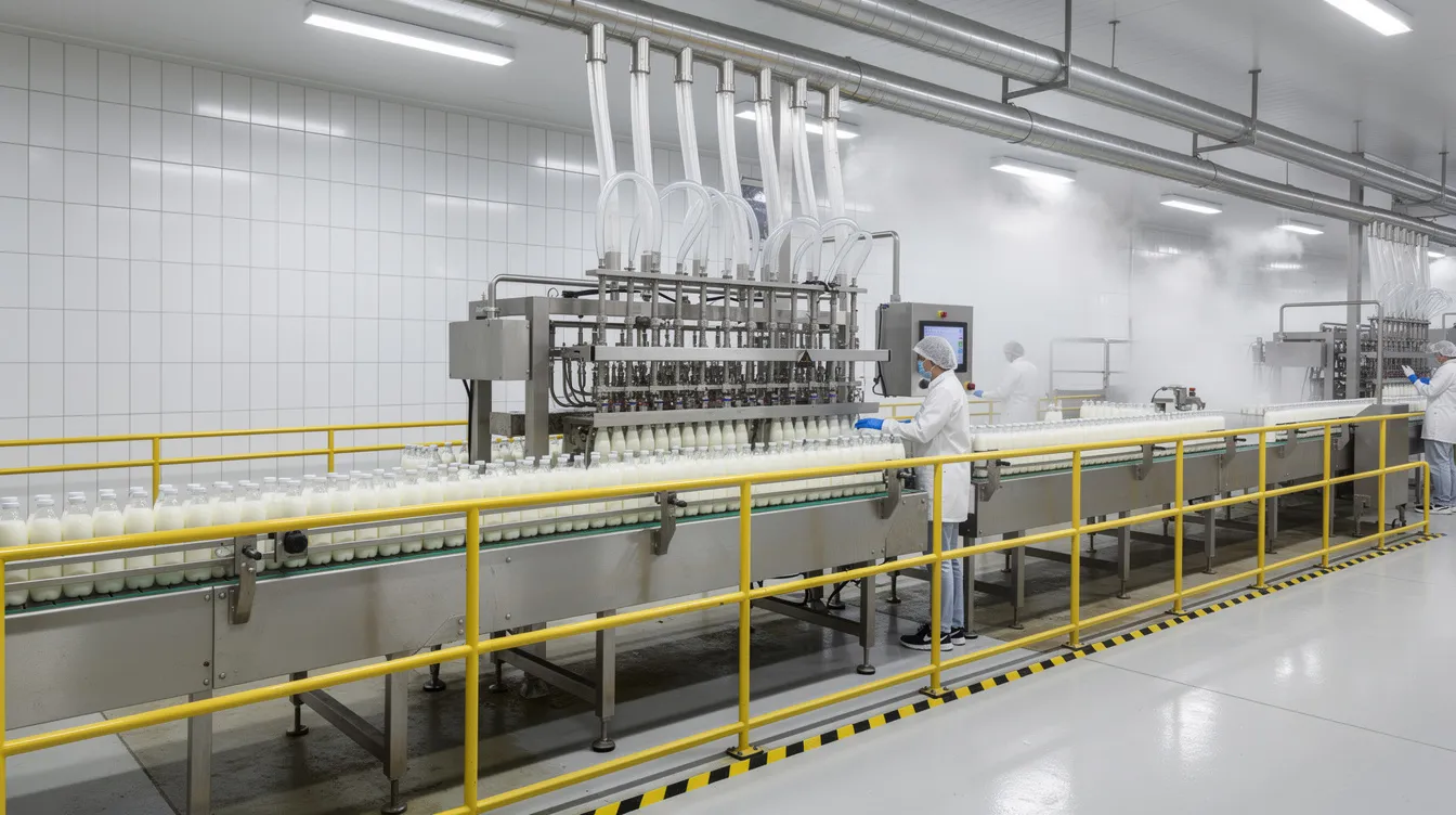 The image depicts an industrial dairy processing line featuring automated filling machines and conveyor belts, essential for processing milk and dairy products efficiently. This setup highlights the advanced technology utilized in the dairy industry to meet the growing demand for value added dairy products while ensuring quality control and food safety standards.