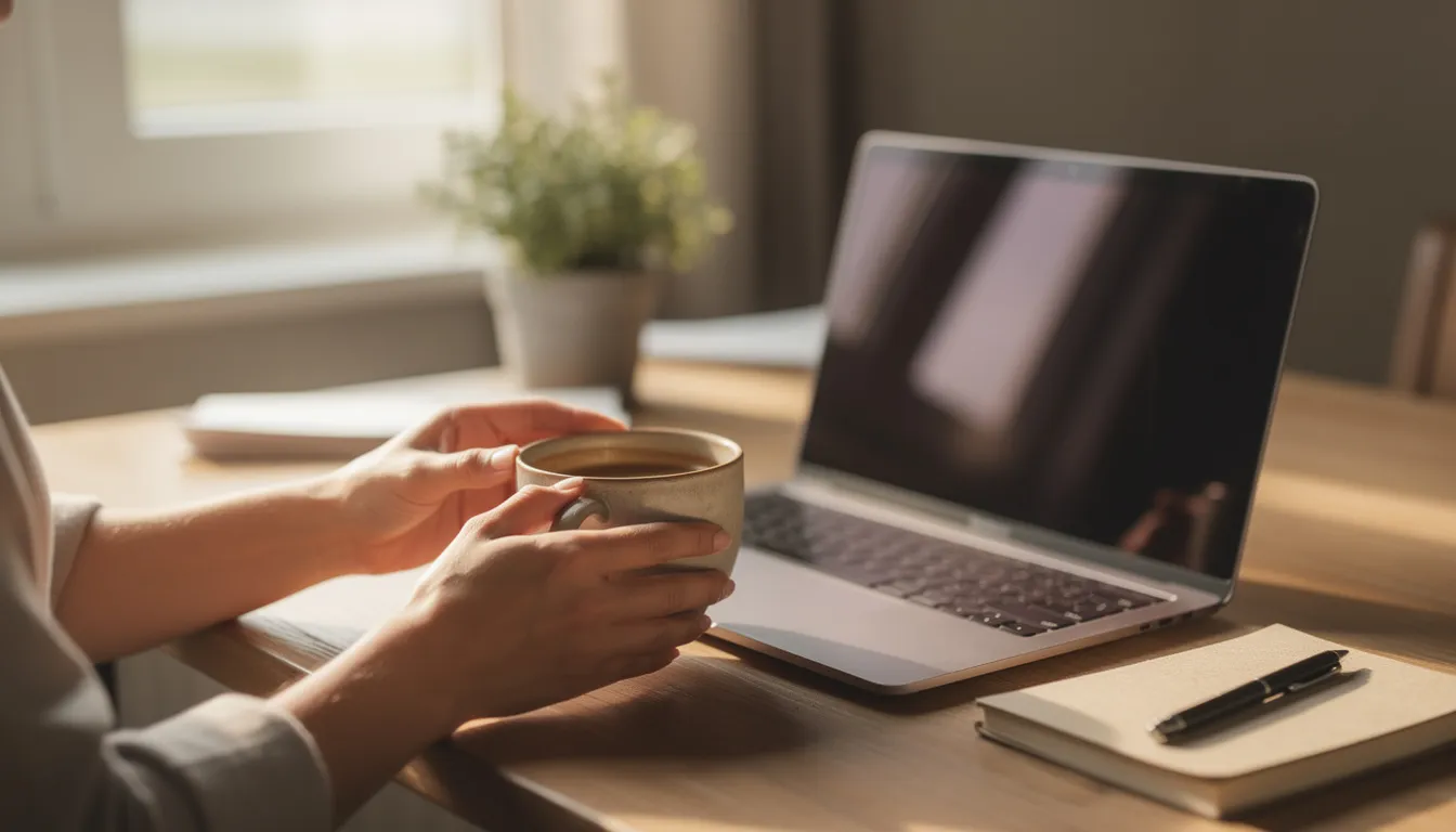 A pair of hands is gently cradling a warm cup of coffee while typing on a laptop in a serene home office, reflecting a calm atmosphere conducive to focusing on work or perhaps seeking treatment options for addiction or mental health. The setting emphasizes the importance of a peaceful environment for individuals on their recovery journey or engaging in evidence-based therapies.