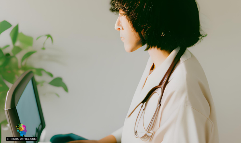 A psychiatrist talking to a patient online