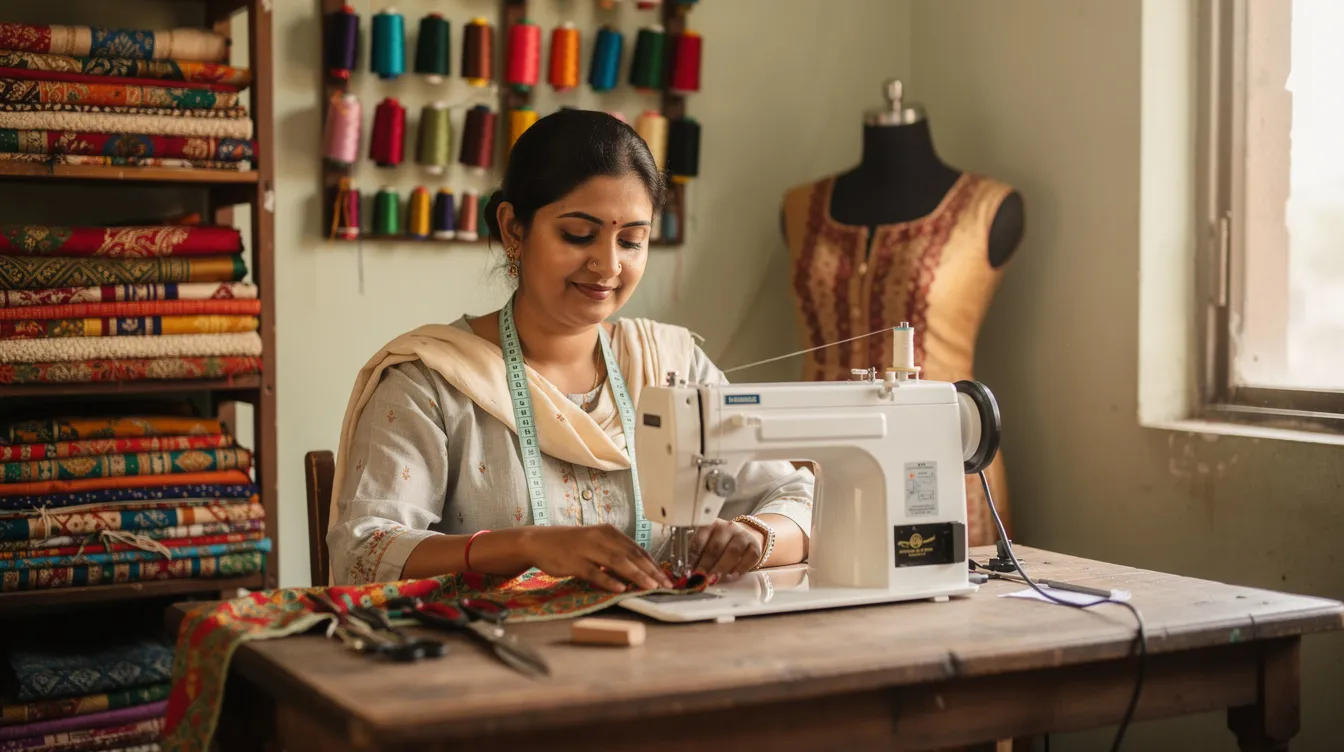 The image depicts an Indian woman entrepreneur diligently working at her home-based tailoring unit, surrounded by colorful fabrics and a sewing machine. She represents the spirit of small businesses in India, where financial assistance through schemes like Mudra loans can help expand her operations and manage working capital.