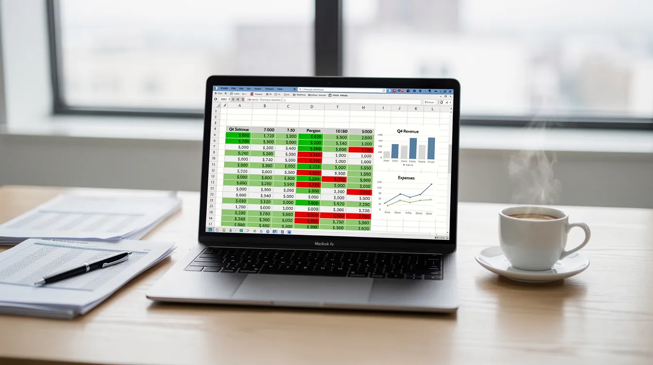 A workspace featuring a laptop displaying financial data related to cash flow projections, alongside a coffee cup on a desk, suggests a setting for financial planning and analysis. This environment is ideal for managing cash inflows and outflows, ensuring accurate cash flow forecasting for the business's financial health.