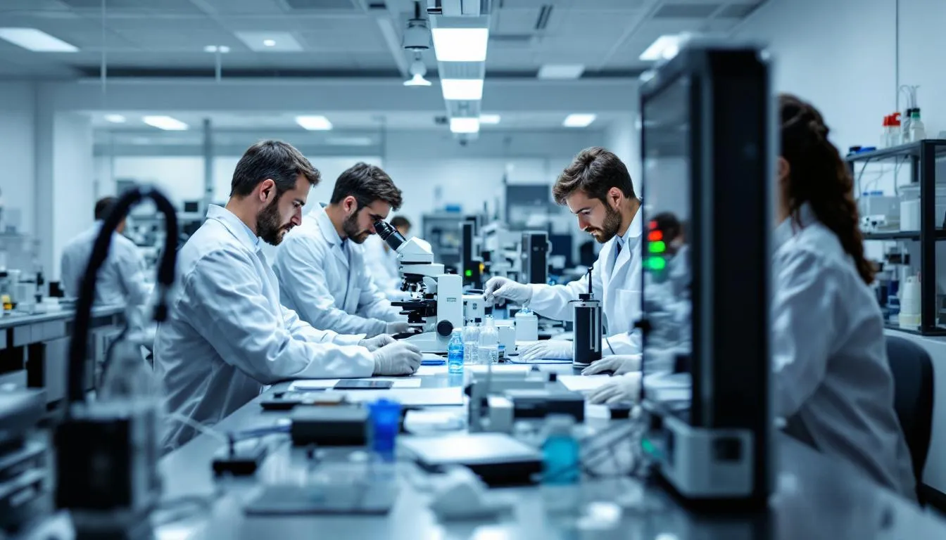 The image depicts researchers in white lab coats diligently working with advanced laboratory equipment designed for the detection of communicable diseases. They are focused on analyzing samples to identify infectious agents that can spread through direct contact, contaminated surfaces, or bodily fluids.