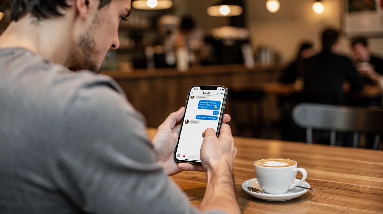 A person is sitting at a coffee shop, engaged in a chat conversation on their smartphone, which displays customer queries and responses. This scene highlights the use of mobile apps in enhancing customer service interactions, showcasing how technology can facilitate customer satisfaction and support operations.