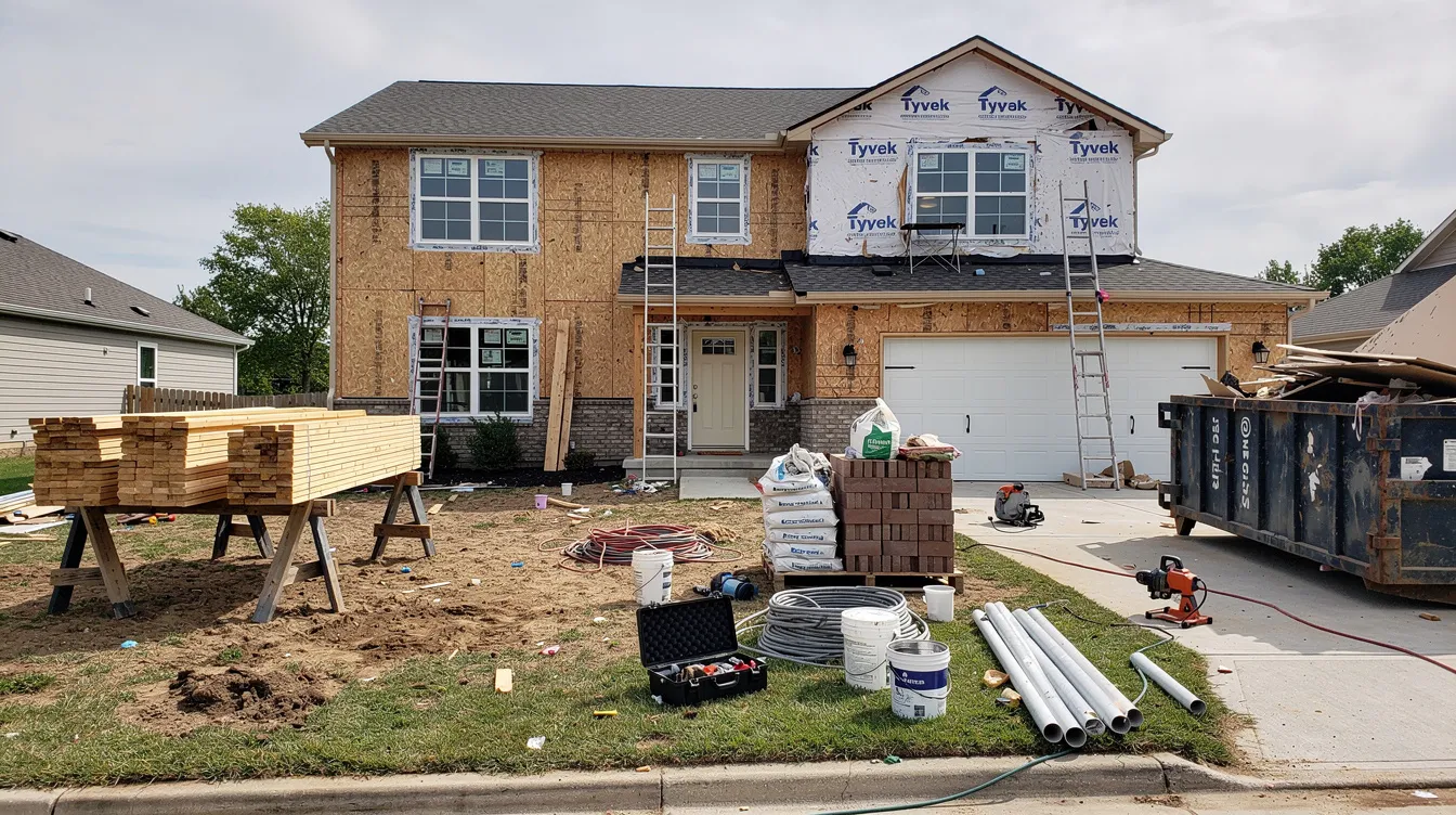 The image shows a residential property undergoing renovation, with various construction materials scattered in the yard, indicating the ongoing work. This scene reflects the financial commitments associated with home improvement, similar to how a personal loan for business purposes can help manage expenses.