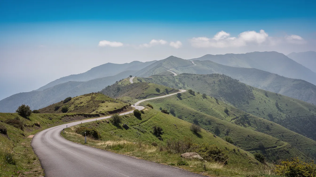 Een slingerend bergweggetje doorkruist het Rifgebergte, omgeven door groene heuvels onder een stralende blauwe lucht. Dit adembenemende uitzicht biedt een perfecte gelegenheid voor reizigers die een auto willen huren in Nador om de prachtige natuur en de Middellandse Zee te verkennen.