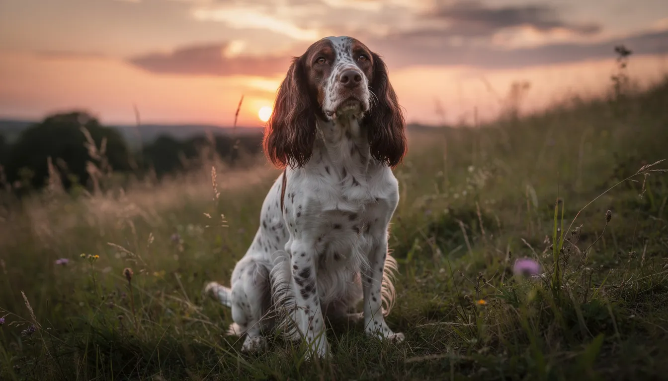 A French Spaniel sits gracefully in a field at dusk, its medium-length coat reflecting the fading light. The dog's gentle eyes and flowing ears give it a typical spaniel appearance, making it an ideal companion for outdoor activities and family life.