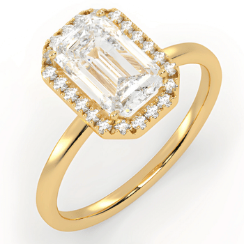 Geltono aukso halo žiedas su Emerald deimantu centre – fashiongold.lt