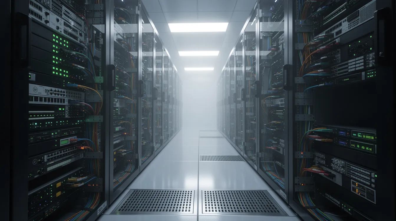 The image shows a server room filled with rows of network equipment racks, each adorned with blinking status lights indicating operational activity. This environment is crucial for maintaining the internal systems of many businesses, ensuring efficient data management and compliance with financial records and audit processes.
