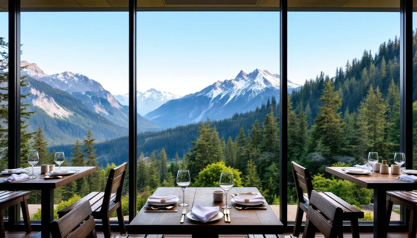 The image depicts an inviting outdoor patio dining area featuring rustic wooden tables set against a stunning mountain vista, perfect for enjoying delicious meals at Cedar Breaks Lodge in Brian Head, Utah. This serene setting offers a unique experience for guests to savor food and drinks while surrounded by nature.