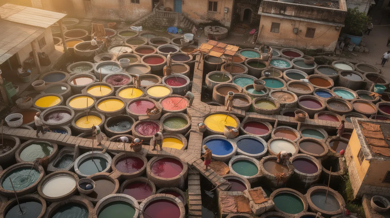 An aerial view captures the vibrant hues of dyes in round stone vats at the Chouara Tannery in Fes, Morocco. This traditional leather tannery, located in the historic medina, showcases the rich culture and craftsmanship of the city, making it a highly recommended stop for visitors exploring the hidden gems of the imperial city.