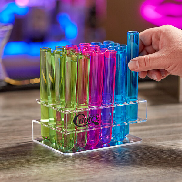Assorted glass and plastic test tubes with colorful liquids