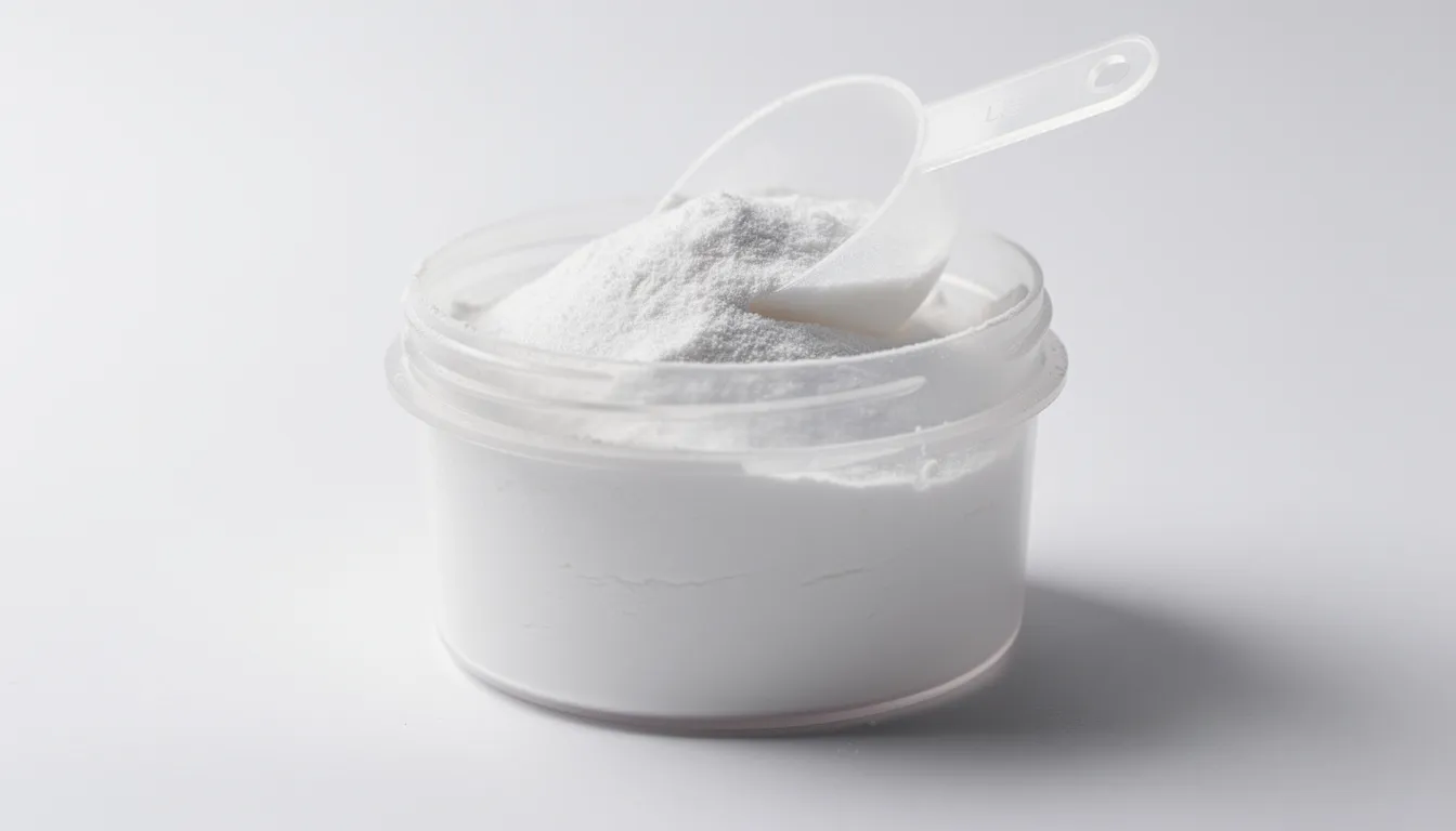 The image features a clear container filled with white creatine monohydrate powder, accompanied by a measuring scoop, highlighting the dietary supplement commonly used for muscle growth and exercise performance. Proper storage is essential to maintain the shelf life of creatine and avoid consuming expired creatine.