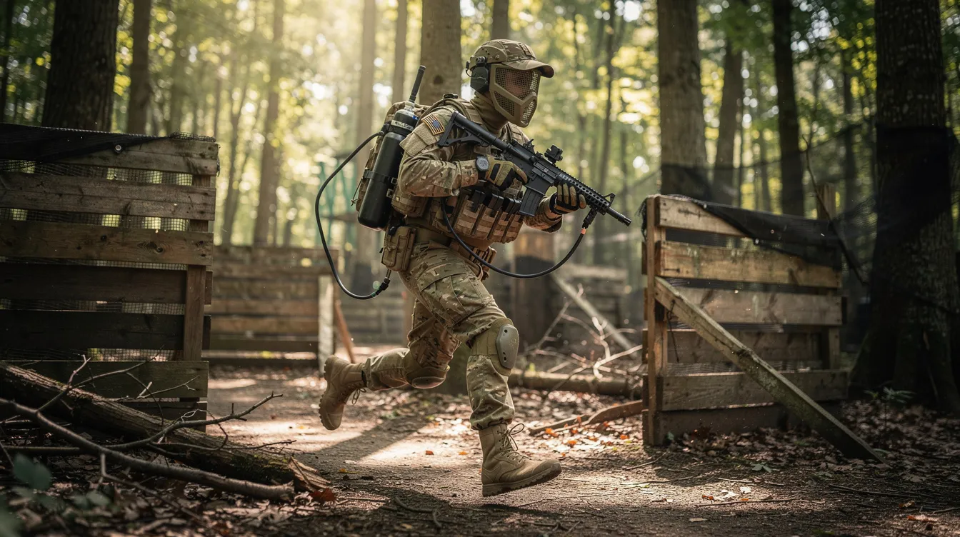 An airsoft player is sprinting through a woodland course, equipped with an HPA rifle and a tank mounted in a backpack, showcasing a setup designed for consistent FPS and optimal gameplay. The scene captures the dynamic action of airsoft, highlighting the use of high-pressure air systems for enhanced performance.
