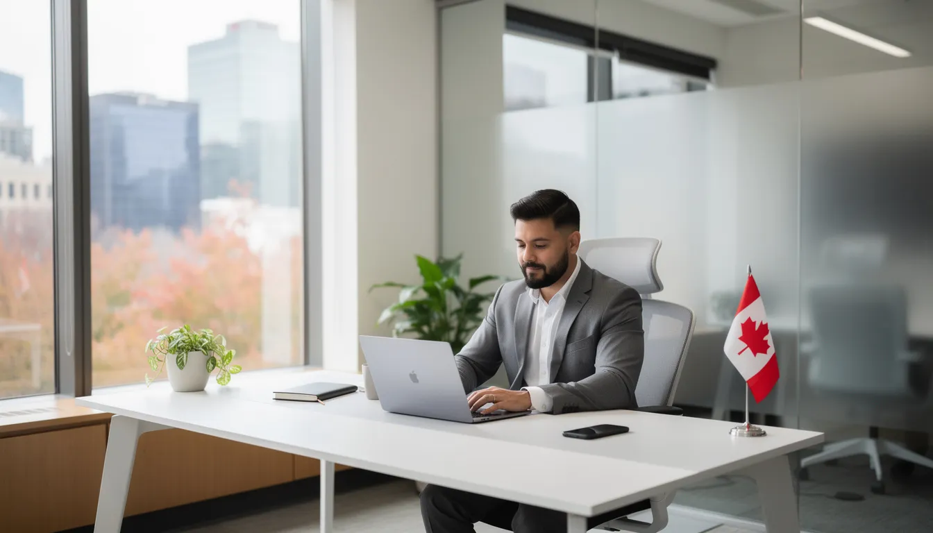 L'image montre un professionnel travaillant dans un bureau moderne au Canada, entouré d'équipements technologiques. Ce cadre évoque le parcours des étudiants qui, après leurs études, peuvent aspirer à une résidence permanente grâce à un permis de travail postdiplôme.