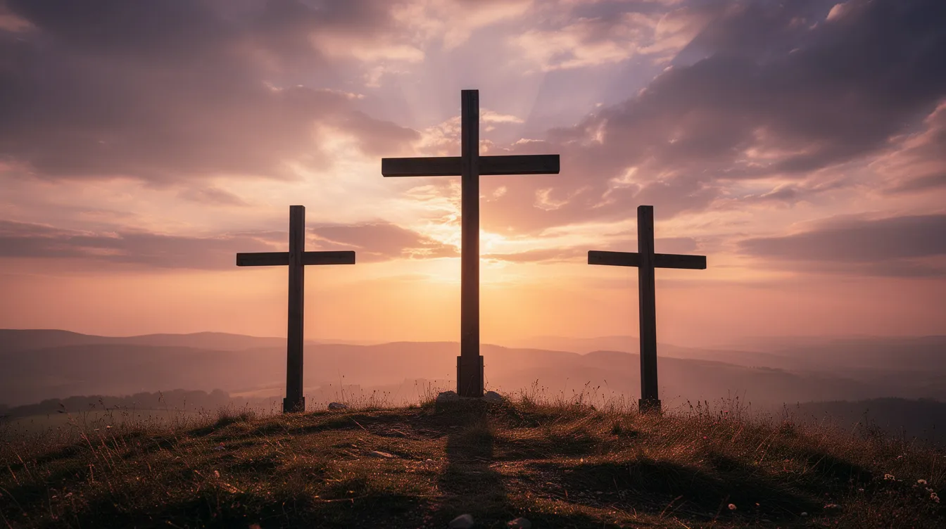 The image features three wooden crosses standing on a hilltop, silhouetted against a vibrant sunset sky, symbolizing early Christianity and its significance in the context of the Roman world. This poignant scene evokes themes of faith and sacrifice, reminiscent of the biblical narrative surrounding Jesus and the Roman authorities during the first century.