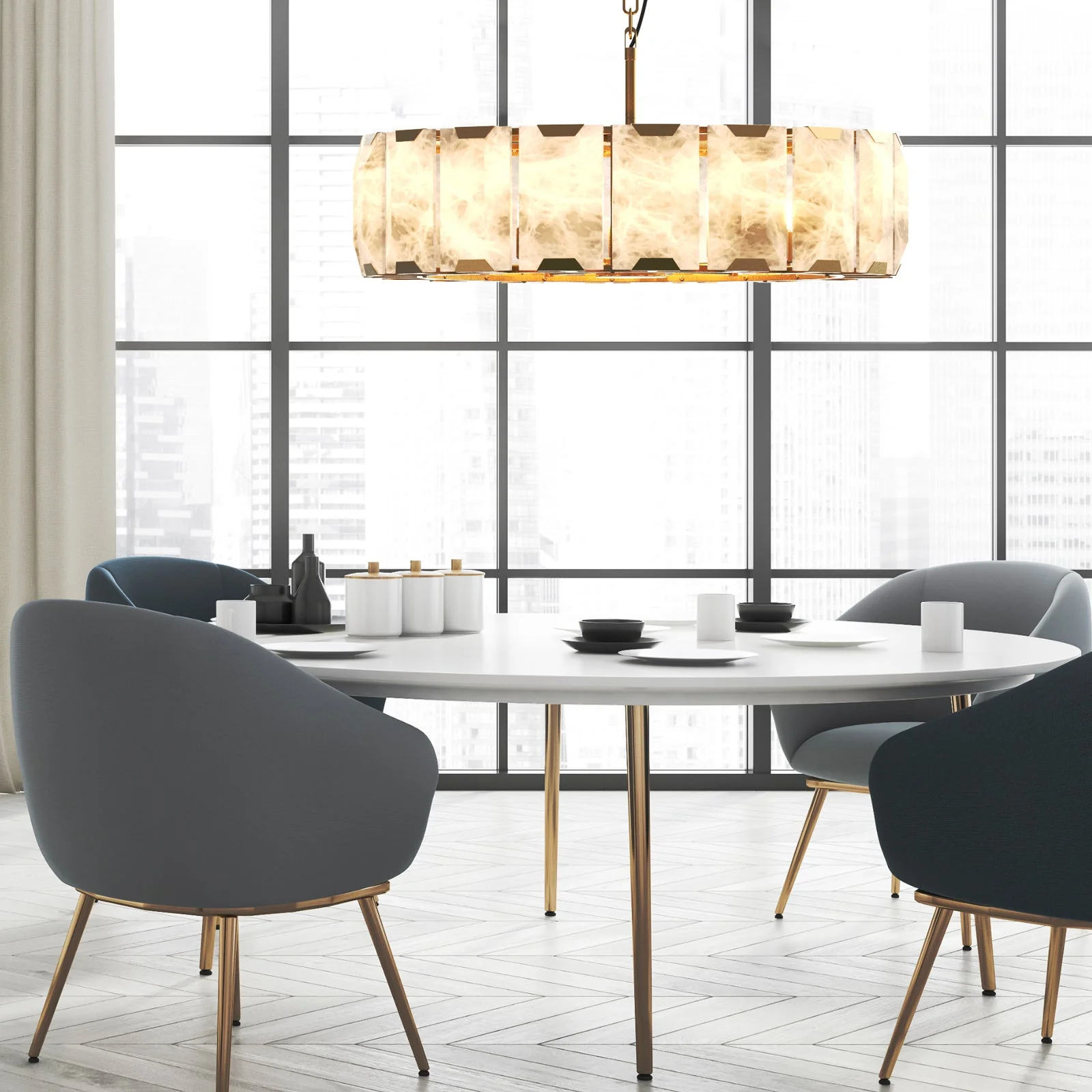 Alabaster chandelier installed in a dining room, complemented by modern accent dining chairs, showcasing a perfectly coordinated light fixture for your dining room.