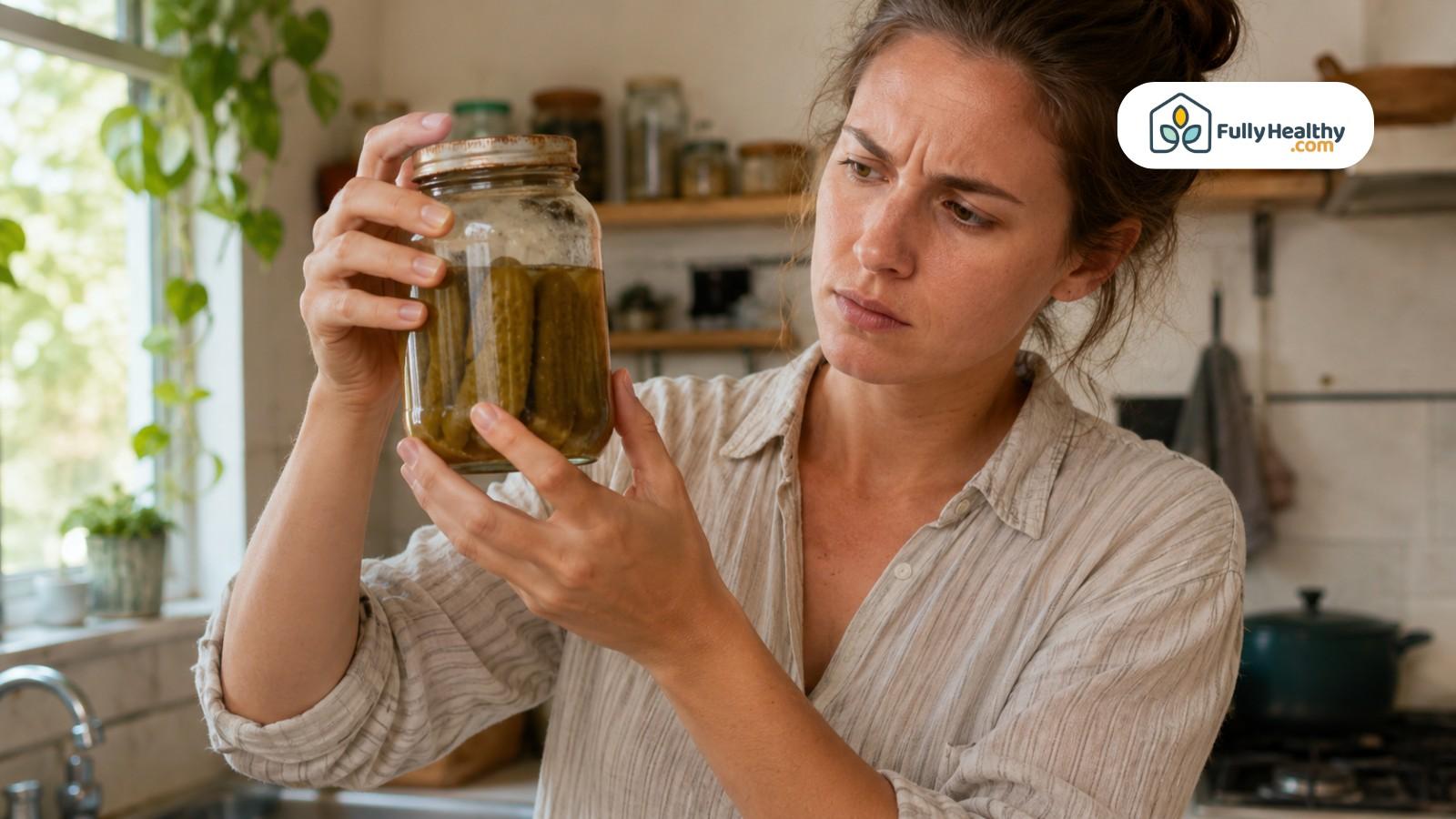 Woman carefully inspecting an old pickle jar for cloudy brine and spoilage