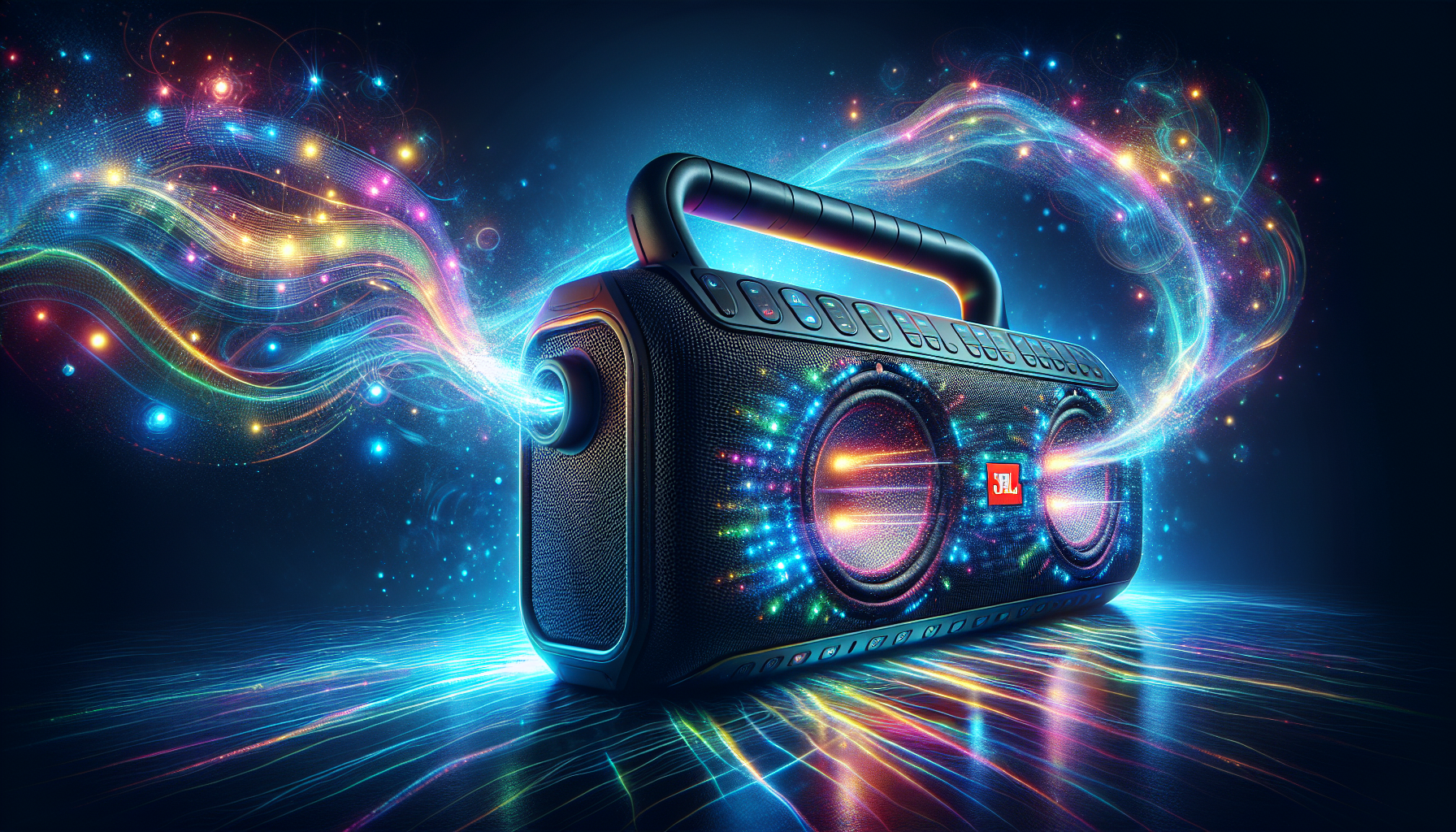 Ilustração da JBL Boombox 2 com luzes LED e conexão Bluetooth