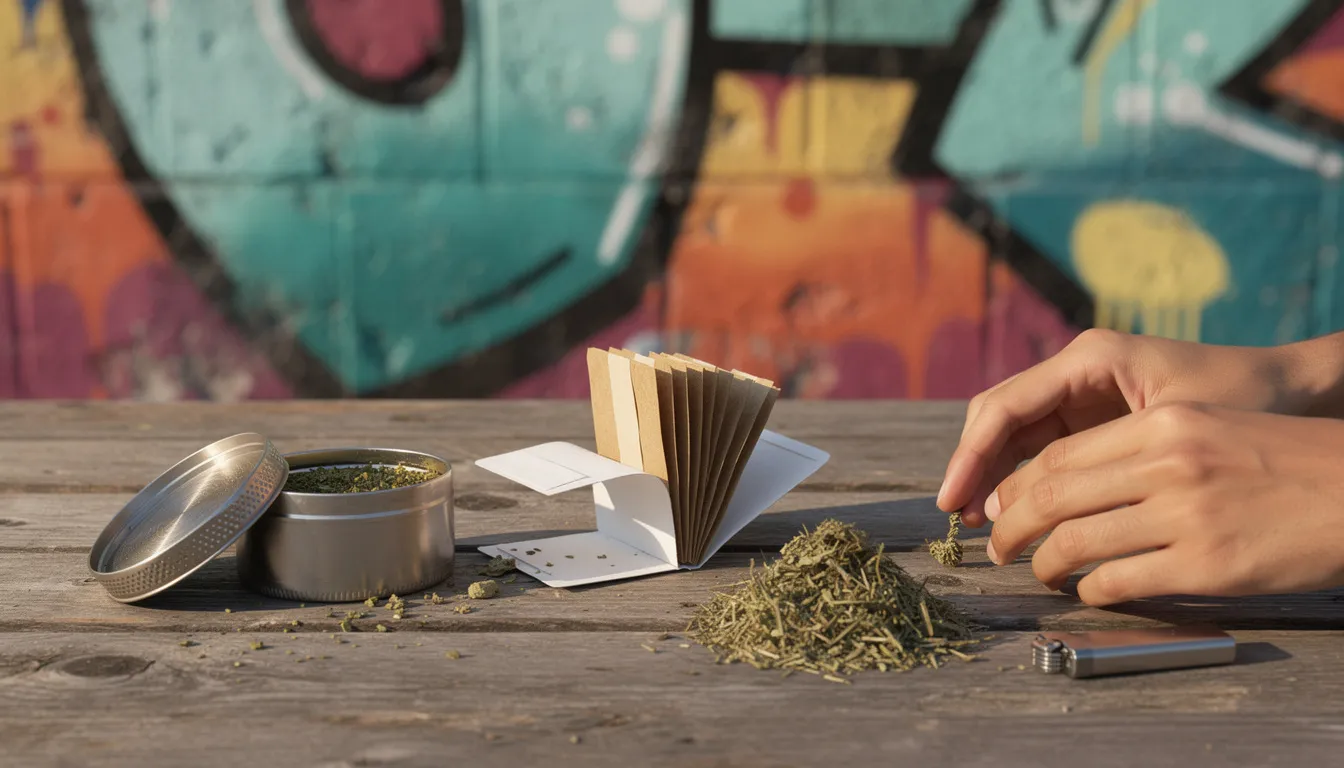 Vorbereitung der Materialien zum Blunt drehen, inklusive Grinder und Wraps.