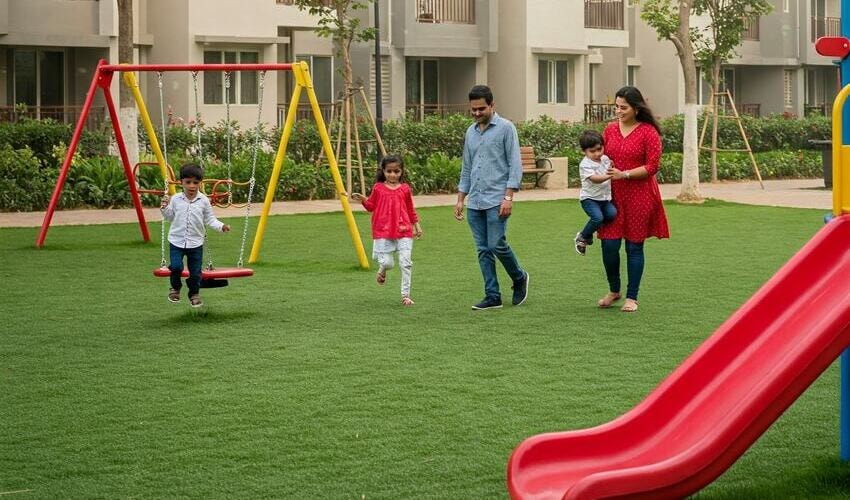 Residents enjoying a green park within a Pimple Nilakh housing society, reflecting the modern lifestyle and amenities.