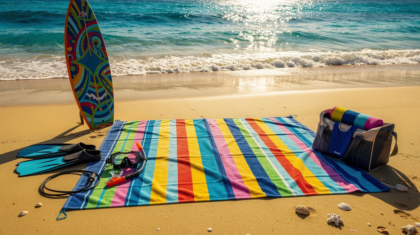 A vibrant beach towel is laid out on wet sand, with ocean waves gently lapping nearby, while water sports gear is placed alongside, suggesting a fun day at the beach. This scene captures the essence of summer, perfect for lounging comfortably and enjoying the sun.