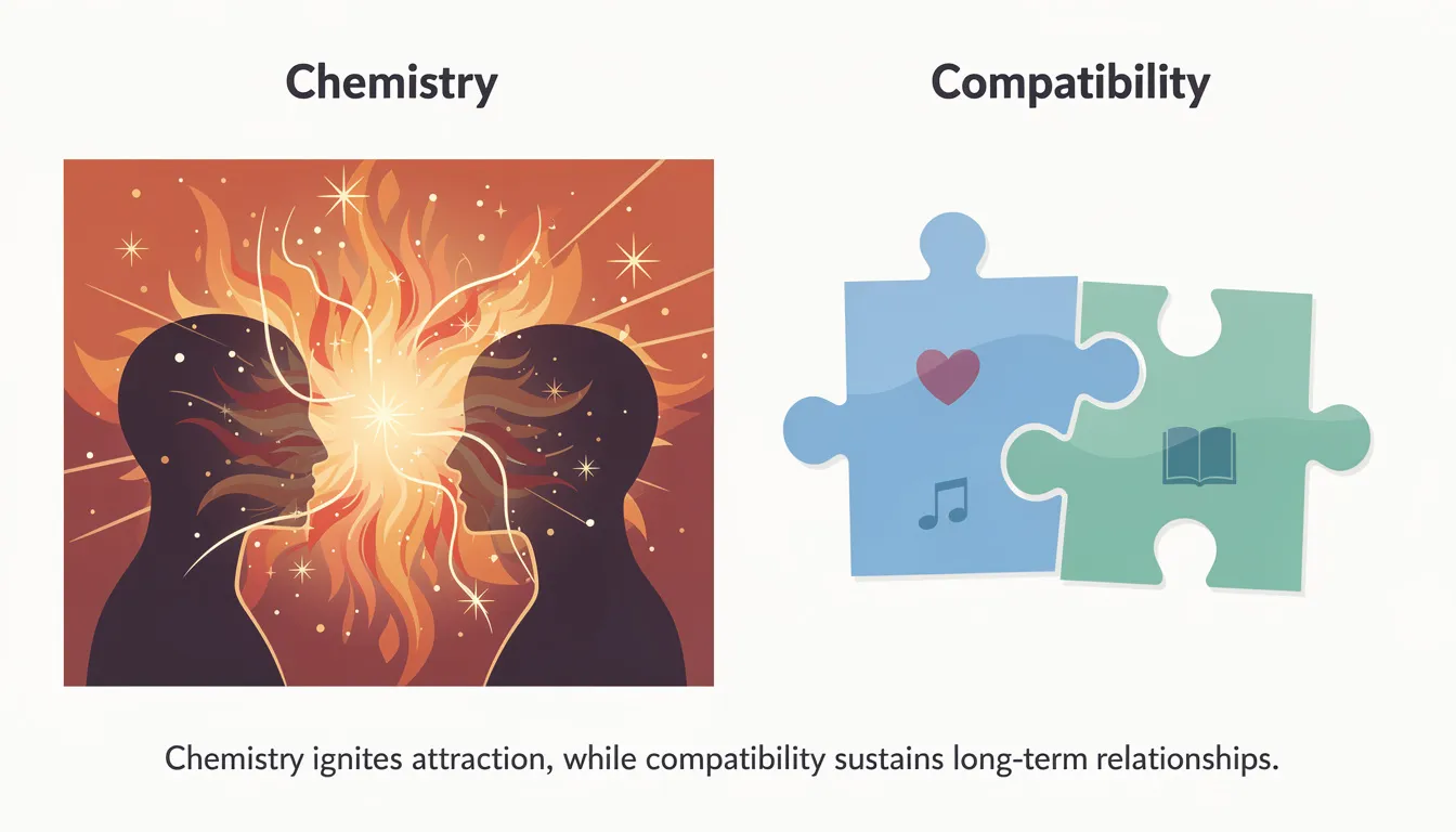 The image features a split illustration, with one side depicting "Chemistry" as vibrant sparks and flames, symbolizing attraction, while the other side shows "Compatibility" represented by interlocking puzzle pieces, emphasizing the importance of mutual respect and shared values in a long-term relationship. This visual captures the essence of modern dating, highlighting how chemistry ignites passion but compatibility sustains a healthy partnership.