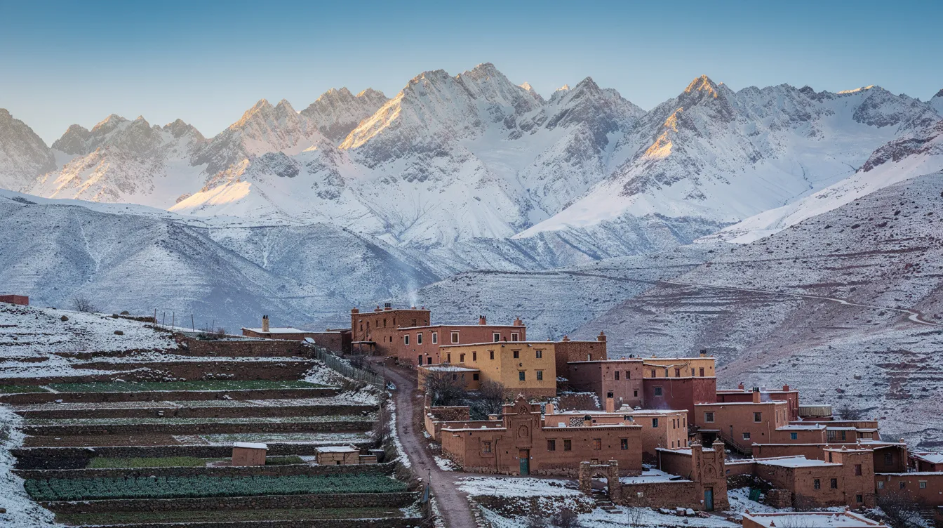 The image depicts the snow-capped peaks of the Atlas Mountains towering over a traditional Berber village nestled in the foreground, showcasing a serene winter landscape typical of Morocco in December. This scene highlights the contrast between the chilly mountain weather and the relatively mild daytime temperatures found in the lower regions, perfect for those visiting Morocco during the winter months.