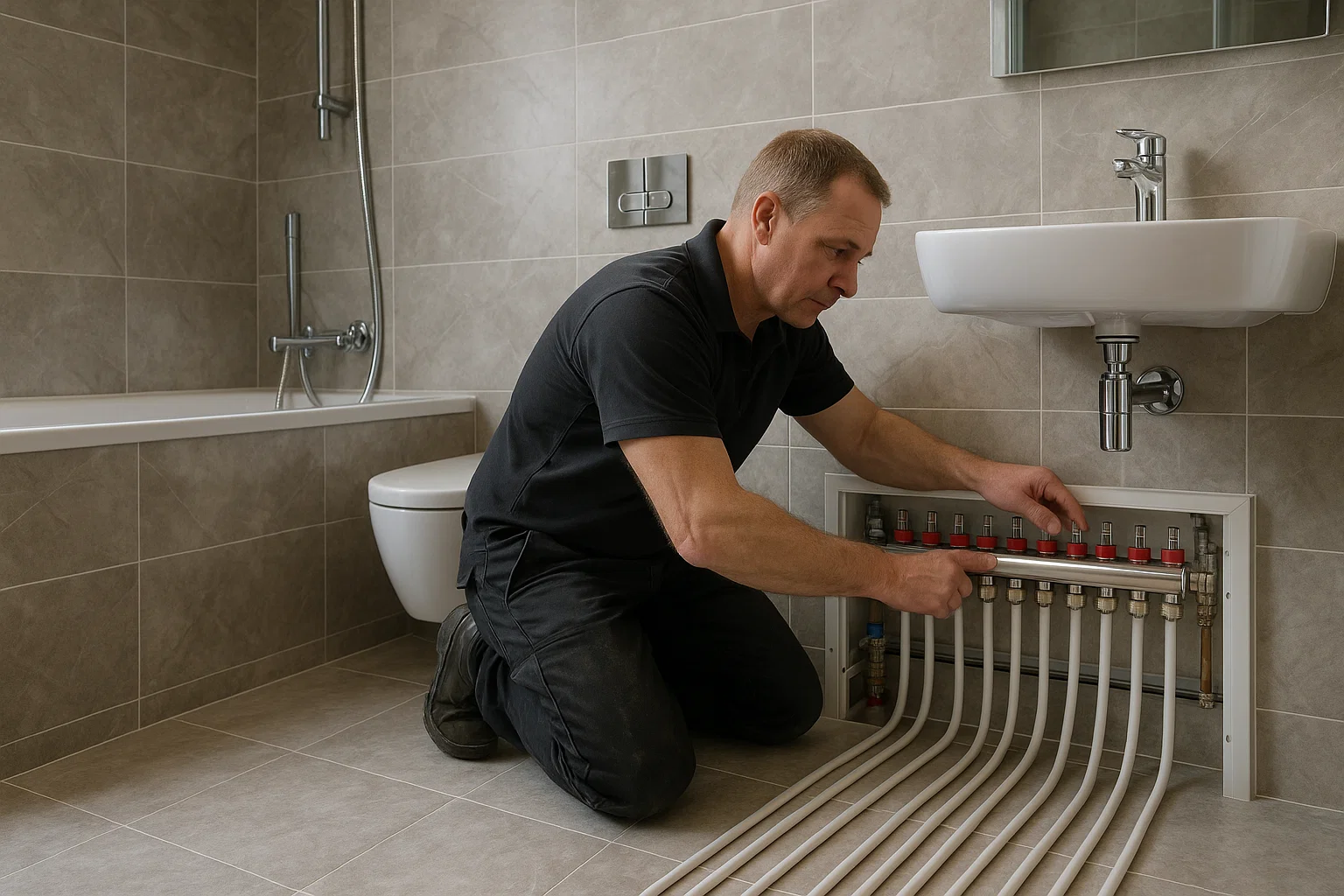 Qualified plumber adjusting underfloor heating system in a luxury Wilmslow bathroom.