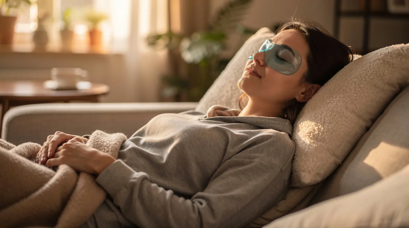 A person is relaxing at home with a cold compress gently placed over their closed eyes, likely to soothe the area after undergoing eyelid surgery, such as upper blepharoplasty, to address issues like excess upper eyelid skin and droopy eyelids. The setting conveys a sense of calm and recovery, emphasizing the importance of post-operative care for achieving a youthful eye appearance.