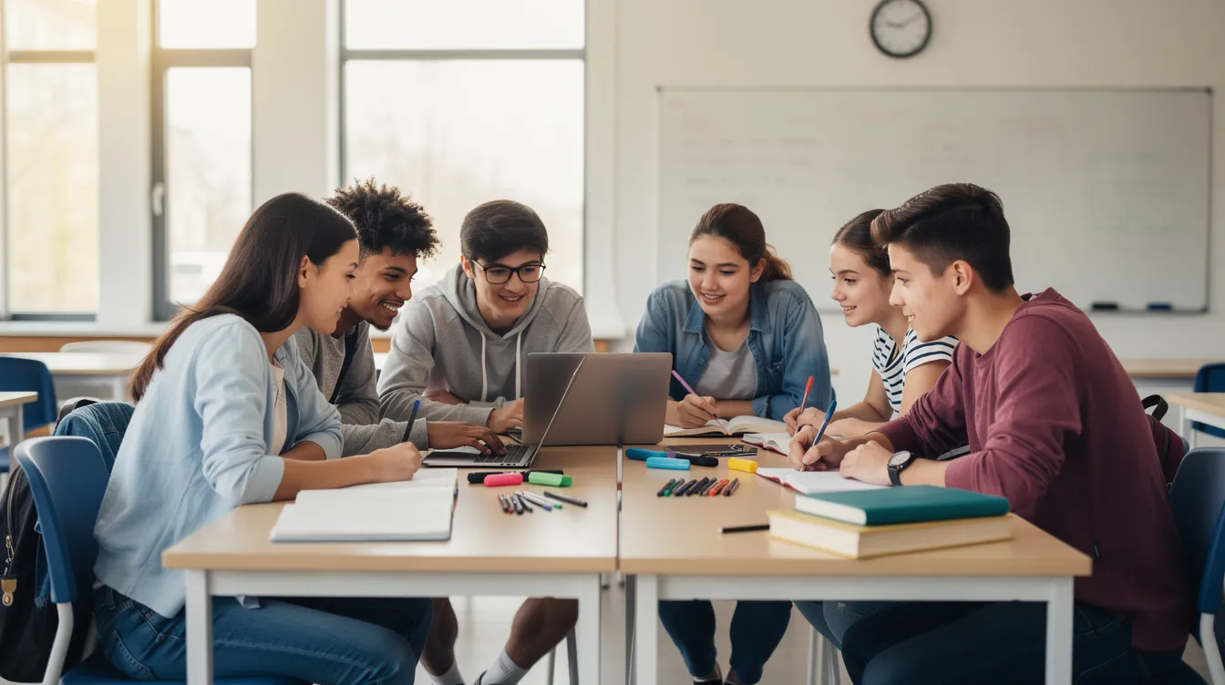 A diverse group of teenagers is collaborating around a table in a school setting, engaged in student learning with notebooks and a laptop, showcasing teamwork and critical thinking skills. This scene highlights the integration of educational technology and artificial intelligence tools to enhance learning and support student progress.