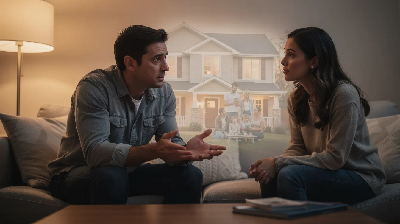 A man is passionately explaining his dreams of a house and a family to a woman, showcasing his future plans. The conversation hints at the potential for future faking, as he makes grand promises about their shared future and emotionally invests in the discussion, while she listens attentively, weighing the sincerity of his intentions.
