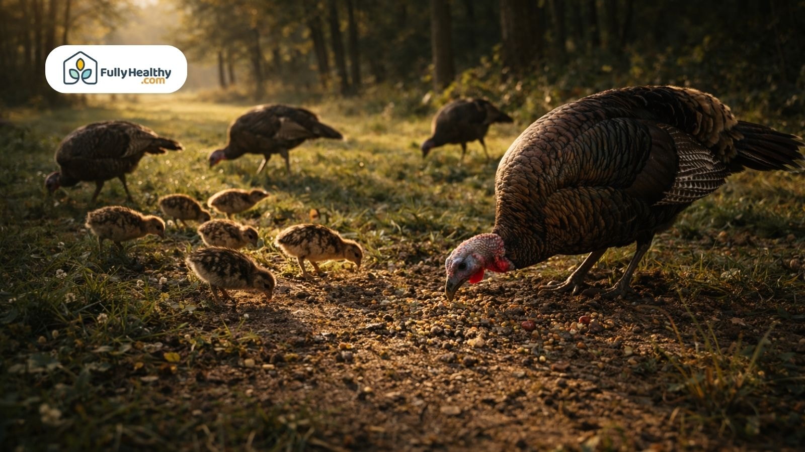 Turkeys and poults eating seeds along forest edge at sunset