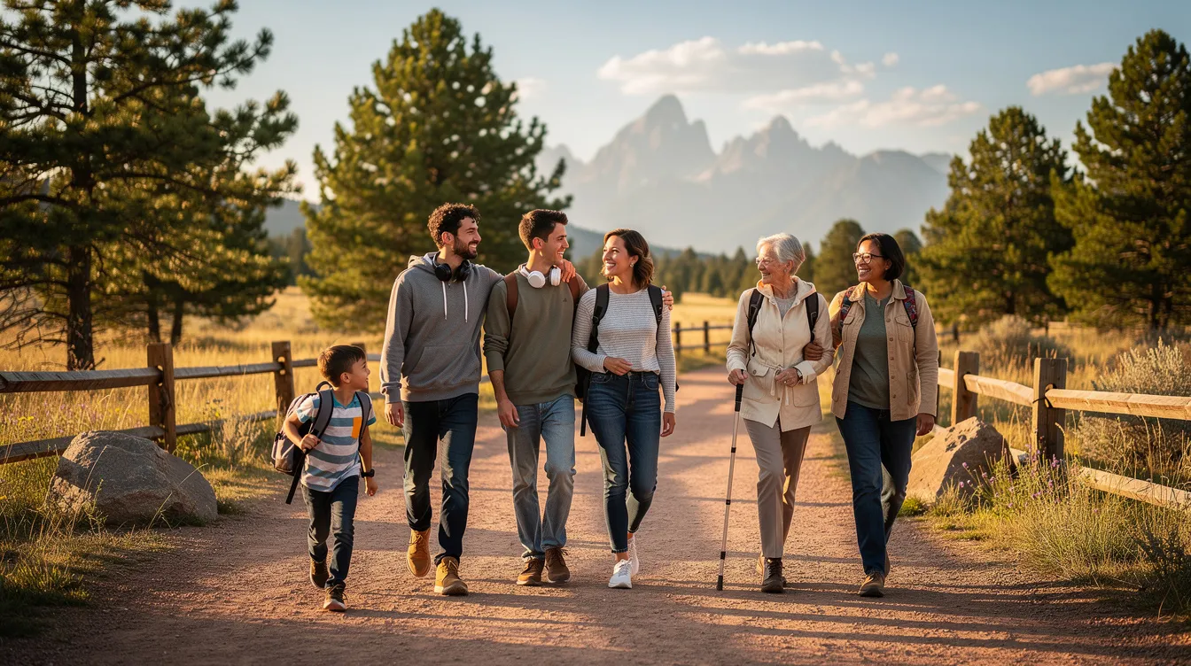 A diverse family of various ages strolls together through a scenic Colorado park, enjoying the outdoors and each other's company. This image symbolizes unity and the importance of family support, which can be crucial in personal injury cases, especially when navigating Colorado's statute of limitations for seeking compensation.