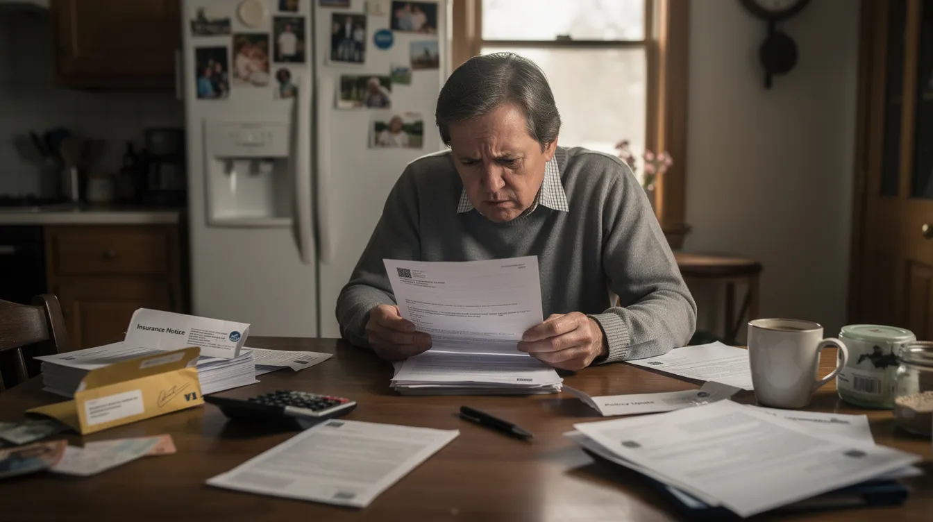 A person sits at a kitchen table, looking worried while reviewing insurance documents and letters, possibly related to a bad faith claim against their own insurance company. The scene conveys the stress and uncertainty often associated with navigating insurance coverage and claims, especially under New Mexico law.