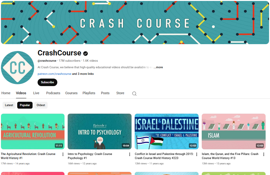 CrashCourse homepage.