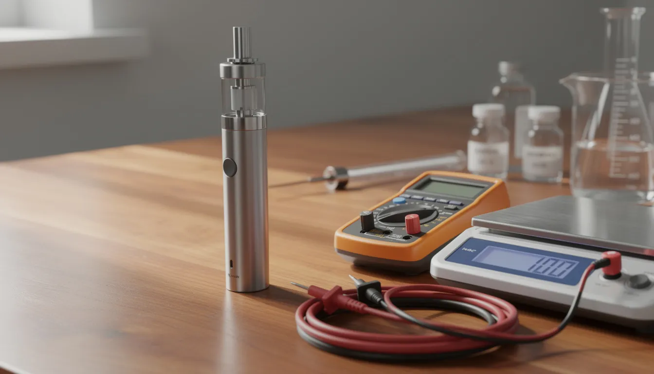 Ein Linx Gaia Vaporizer liegt auf einem Holztablett, umgeben von verschiedenen Messgeräten. Das Gerät hat ein elegantes Aluminium-Finish und eine Quarz-Heizkammer, die für eine optimale Dampfproduktion sorgt.